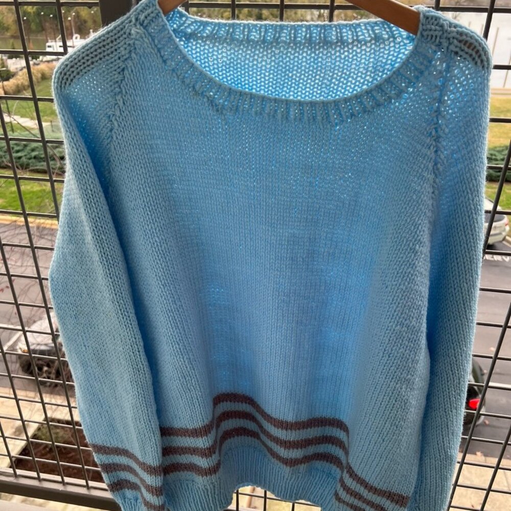 Unisex handmade  chunky sweater border baby blue XXL Nautical thick  like Wool